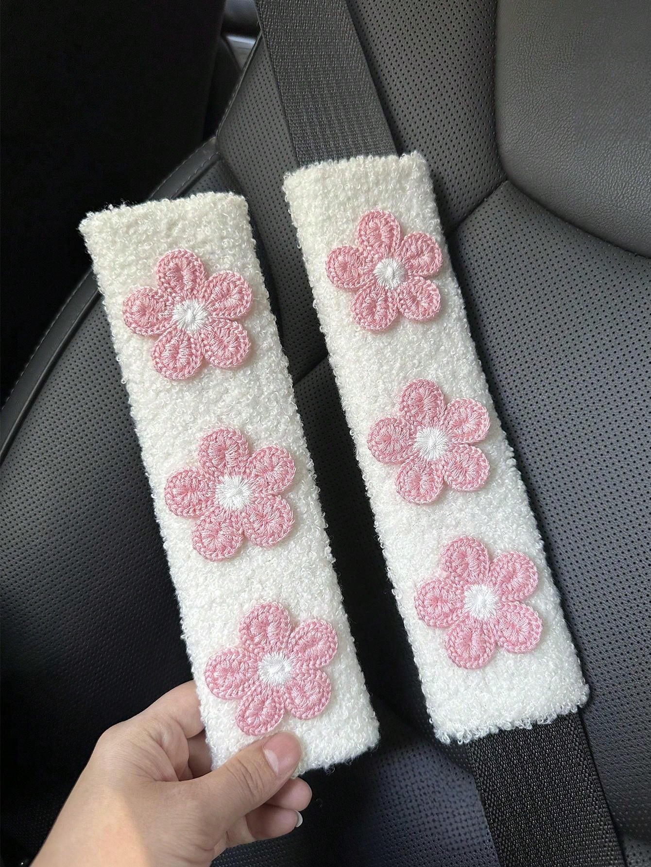 1/2pcs Car Seat Belt Wool Flower Protector Cover