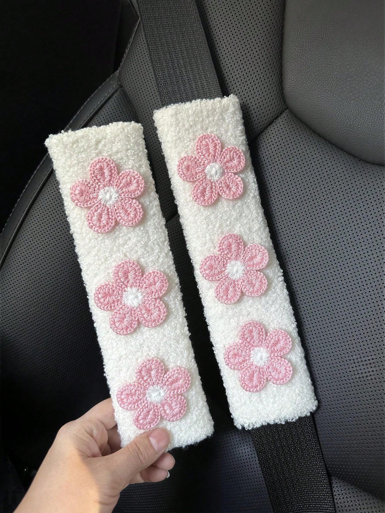 1/2pcs Car Seat Belt Wool Flower Protector Cover