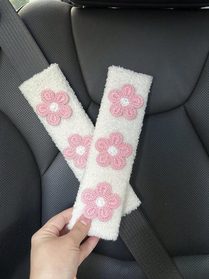 1/2pcs Car Seat Belt Wool Flower Protector Cover