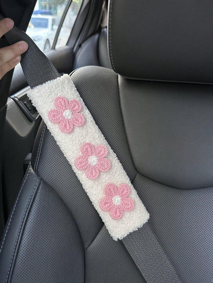 1/2pcs Car Seat Belt Wool Flower Protector Cover