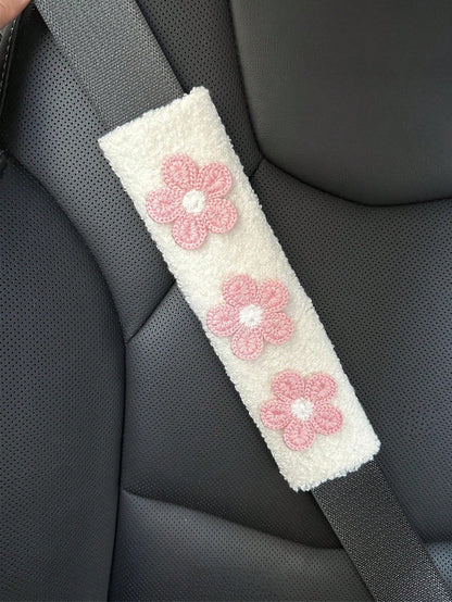 1/2pcs Car Seat Belt Wool Flower Protector Cover