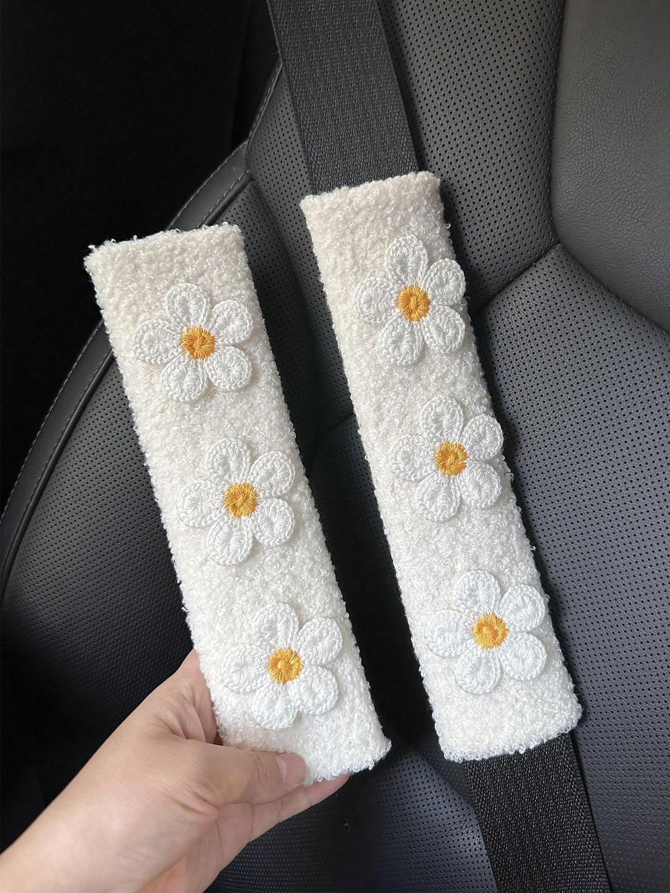 1/2pcs Car Seat Belt Wool Flower Protector Cover