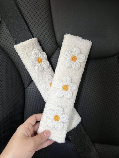 1/2pcs Car Seat Belt Wool Flower Protector Cover