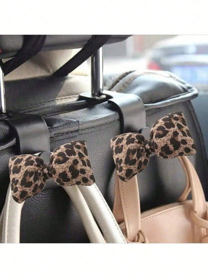 1/2pcs Cute Leopard Print Bow Car Seat Back Hanger- Leopard Bow Design, Seat Back Pocket, Keys, Car Accessories- Fits Most Vehicles