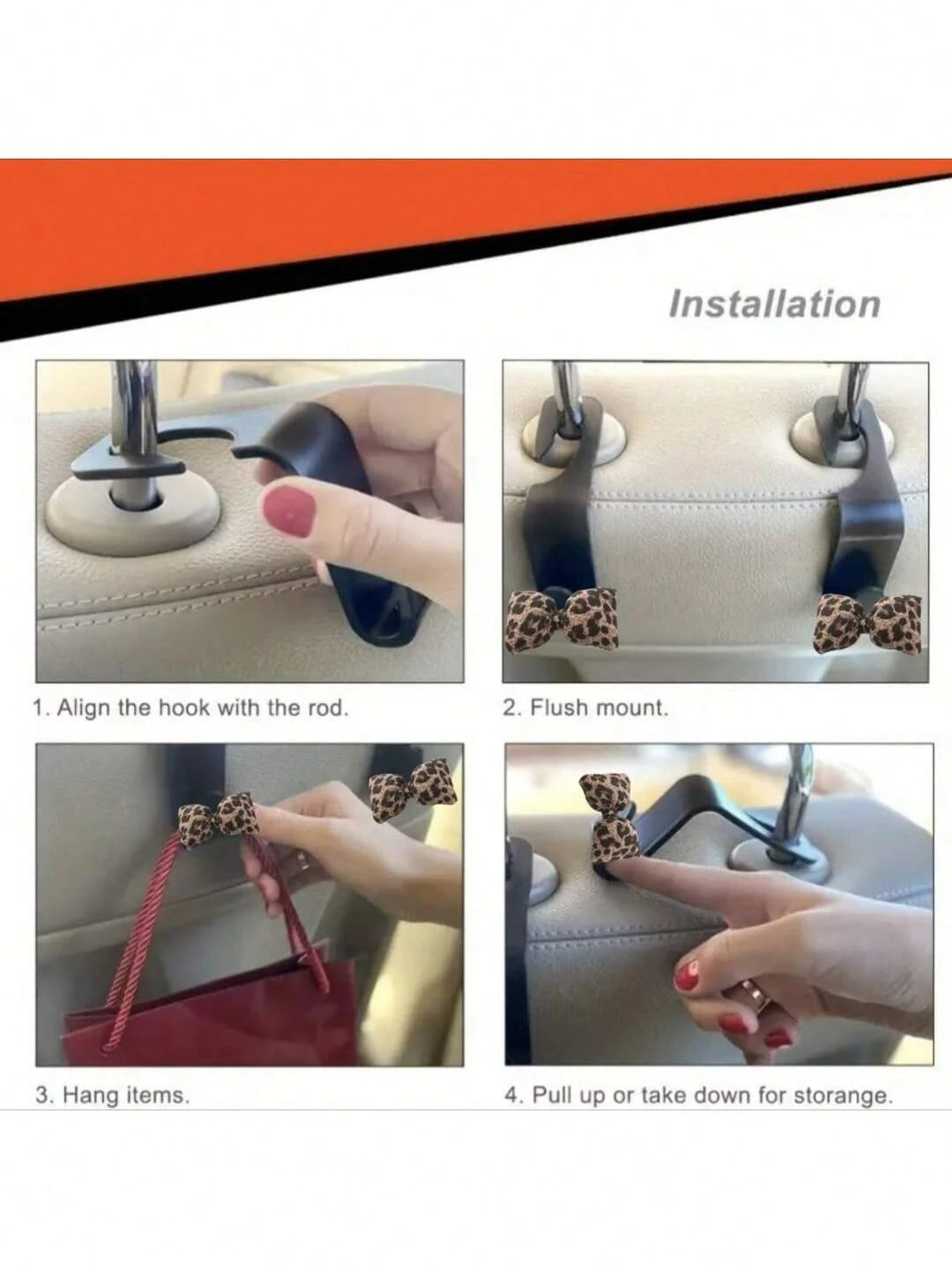 1/2pcs Cute Leopard Print Bow Car Seat Back Hanger- Leopard Bow Design, Seat Back Pocket, Keys, Car Accessories- Fits Most Vehicles