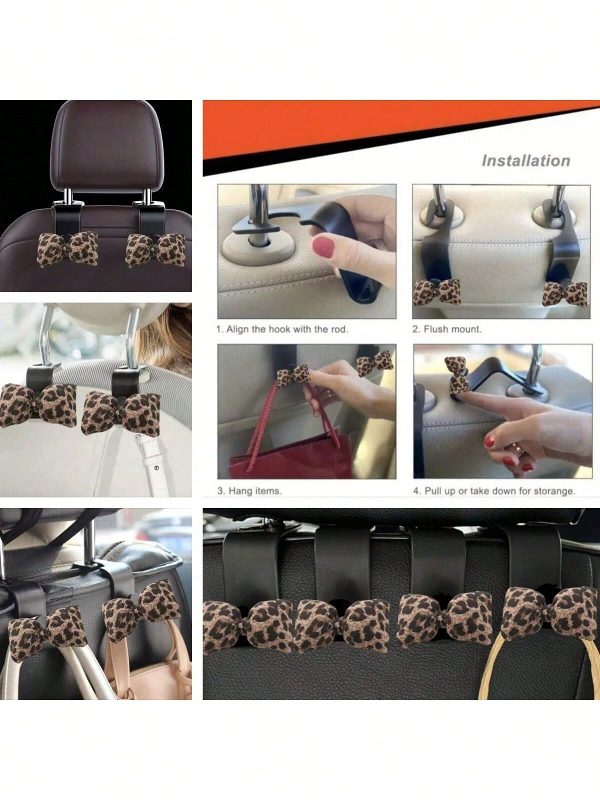 1/2pcs Cute Leopard Print Bow Car Seat Back Hanger- Leopard Bow Design, Seat Back Pocket, Keys, Car Accessories- Fits Most Vehicles