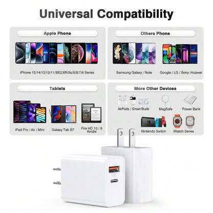1-2pcs Fast Charging USB+Type C Dual Port Wall PD 20W High-Efficiency Fast Charger Adapter Compatible With IPhone 17 Pro Max/17 Pro/17/Air/16/15/14/13/12/11/XS/XR/8/7/6/ Series