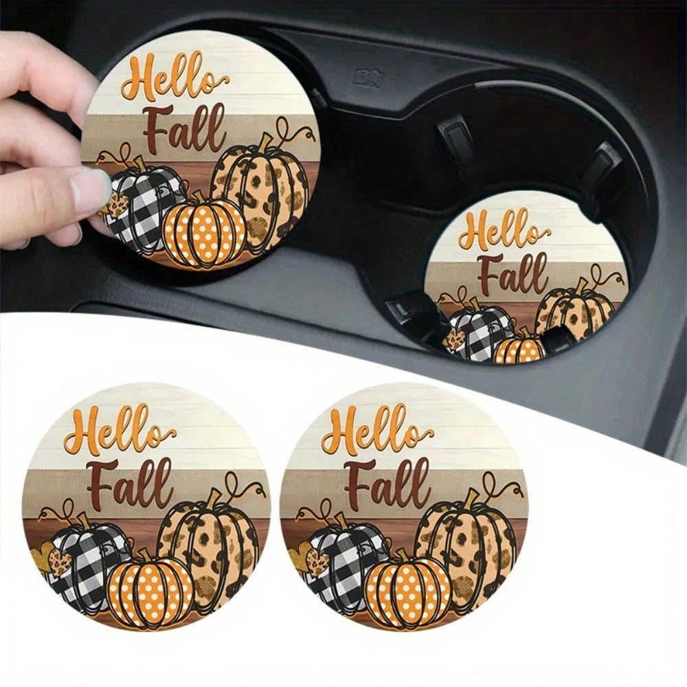 1/2pcs "Hello Fall" EVA Car Coasters- 2.75" Round, Water Absorbent & Odor-Free Cup Holder Inserts With Autumn Pumpkin Design, Perfect For Thanksgiving & Harvest Festival Decor