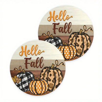 1/2pcs "Hello Fall" EVA Car Coasters- 2.75" Round, Water Absorbent & Odor-Free Cup Holder Inserts With Autumn Pumpkin Design, Perfect For Thanksgiving & Harvest Festival Decor