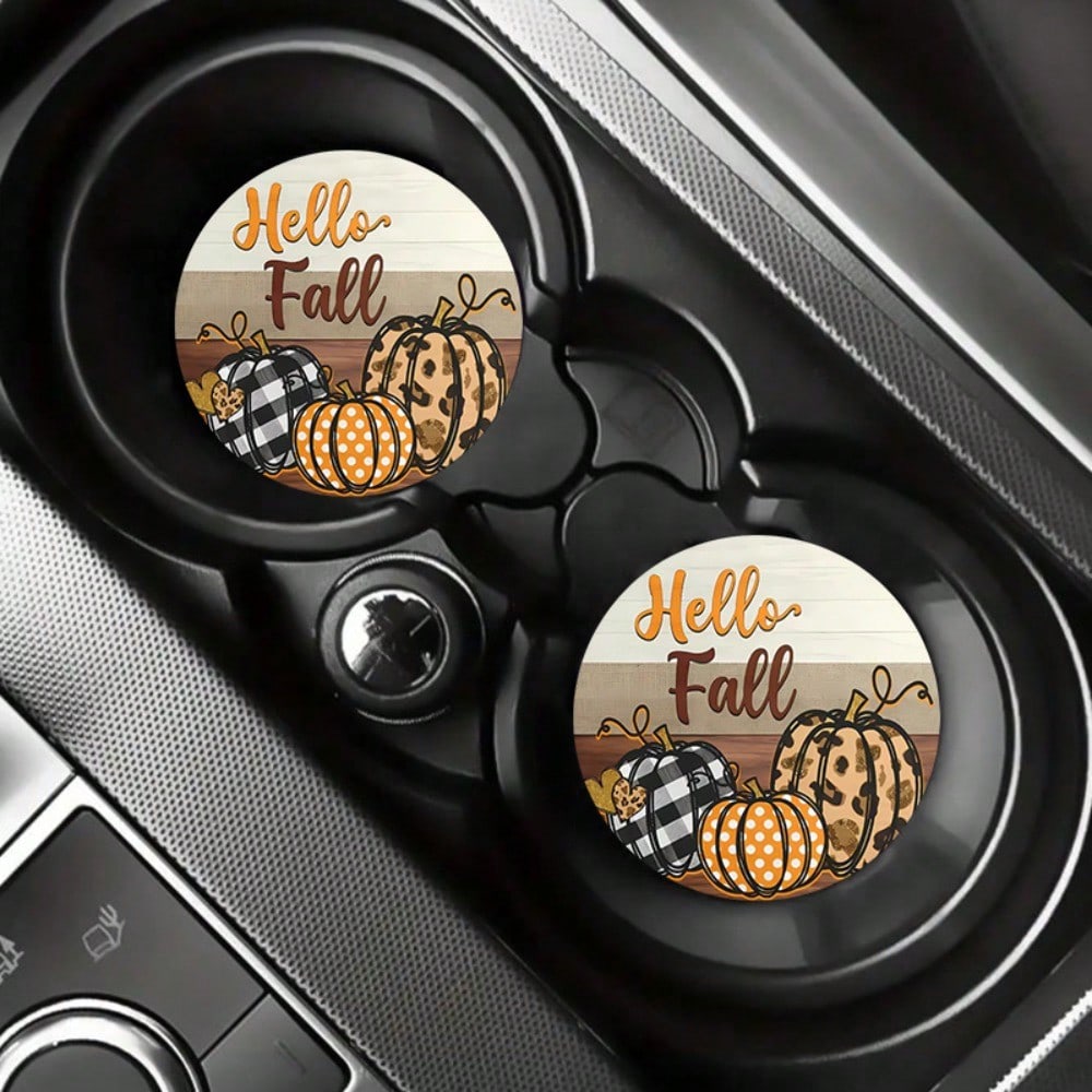 1/2pcs "Hello Fall" EVA Car Coasters- 2.75" Round, Water Absorbent & Odor-Free Cup Holder Inserts With Autumn Pumpkin Design, Perfect For Thanksgiving & Harvest Festival Decor