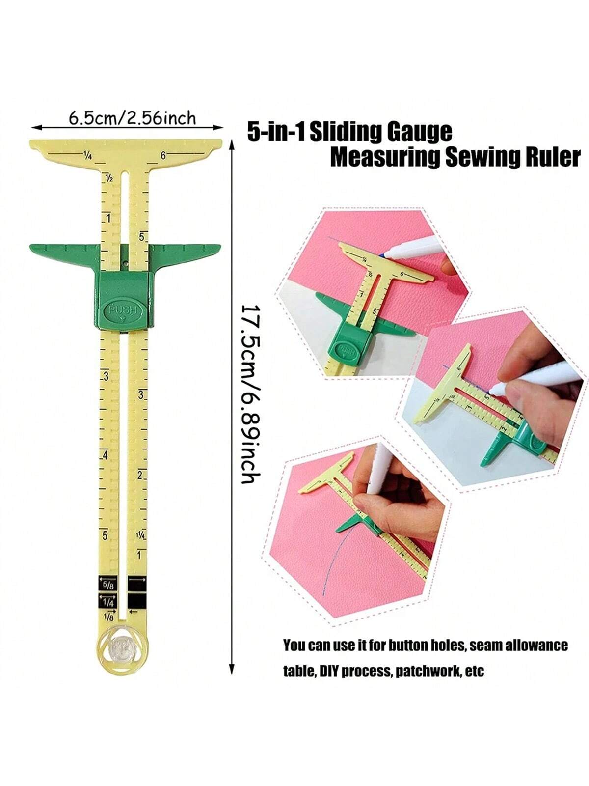 1/2pcs Inch Ruler Scale 5-IN-1 Sewing Seam Ruler Measuring Gauge Patchwork Quilting Tailor Ruler Sizer Helper Aluminum Plastic Sliding Gauge Saudi National Day(No CM Scale) Mother Day Gift