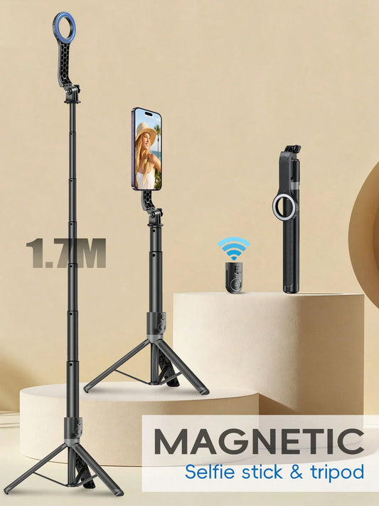 1.7m Magnetic Selfie Stick Tripod, 360° Rotating Phone Holder, Detachable Bluetooth Remote, Aluminum Alloy Extendable Tripod, Suitable For Live Streaming, Vlogging And Travel Use