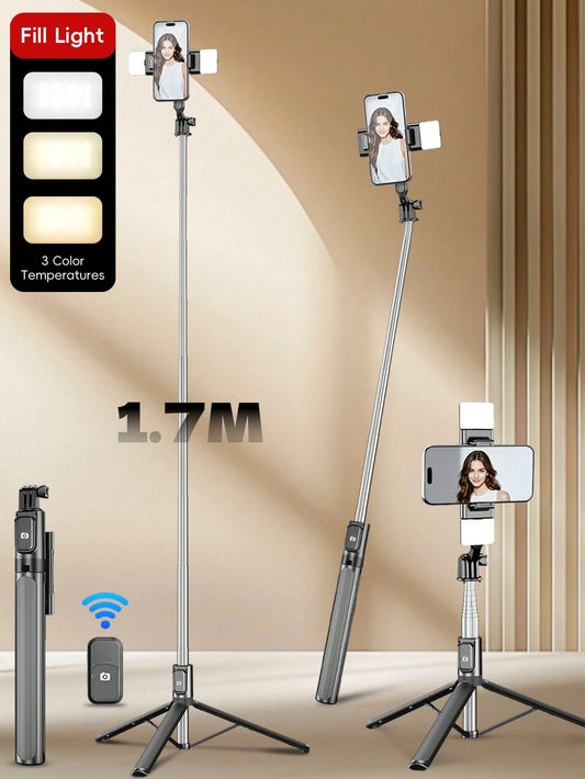 1.7m New Bluetooth Selfie Stick, Rotatable Detachable Phone Holder, Reinforced Frame, Stable Tripod, With LED Fill Light, Telescopic, Photography Assistant, Compatible With Multiple Phone Models, Perf