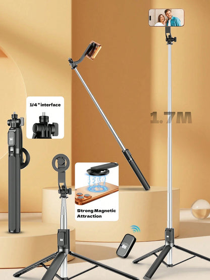 1.7m New Bluetooth Selfie Stick, Rotatable Detachable Phone Holder, Reinforced Frame, Stable Tripod, With LED Fill Light, Telescopic, Photography Assistant, Compatible With Multiple Phone Models, Perf