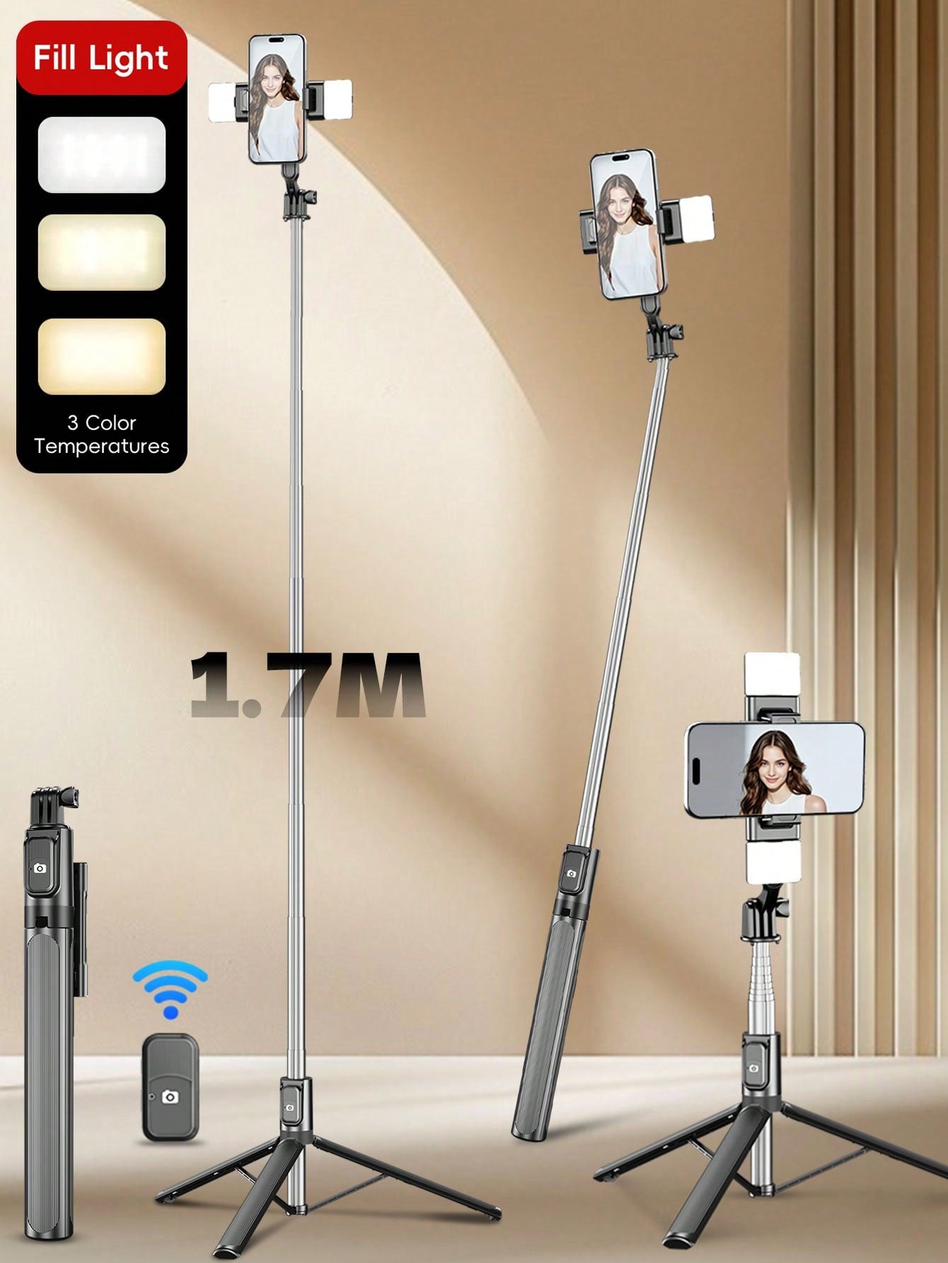 1.7m New Bluetooth Selfie Stick, Rotatable Detachable Phone Holder, Reinforced Frame, Stable Tripod, With LED Fill Light, Telescopic, Photography Assistant, Compatible With Multiple Phone Models, Perf