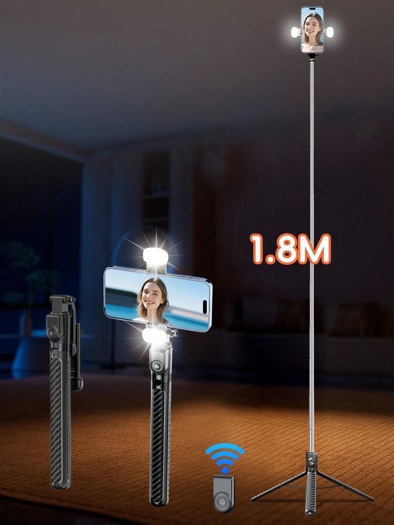 1.8m Wireless Bluetooth Selfie Stick Tripod With Adjustable LED Fill Light, Multi-Function Remote Control, 360° Rotatable Phone Holder, Professional Extendable Handheld Stand For Vlog Video Recording