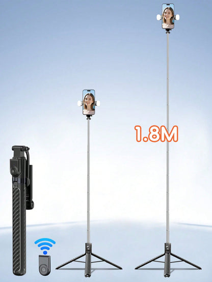 1.8m Wireless Bluetooth Selfie Stick Tripod With Adjustable LED Fill Light, Multi-Function Remote Control, 360° Rotatable Phone Holder, Professional Extendable Handheld Stand For Vlog Video Recording