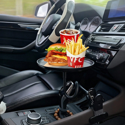 [1 Adjustable Car Tray] 1 Adjustable Car Tray| 360° Rotating Clip-On Cup Holder With Non-Slip Folding Tray, Space-Saving Design| Ideal For Meals, Drinks, And Snacks; Perfect For Road Trips, Restaura