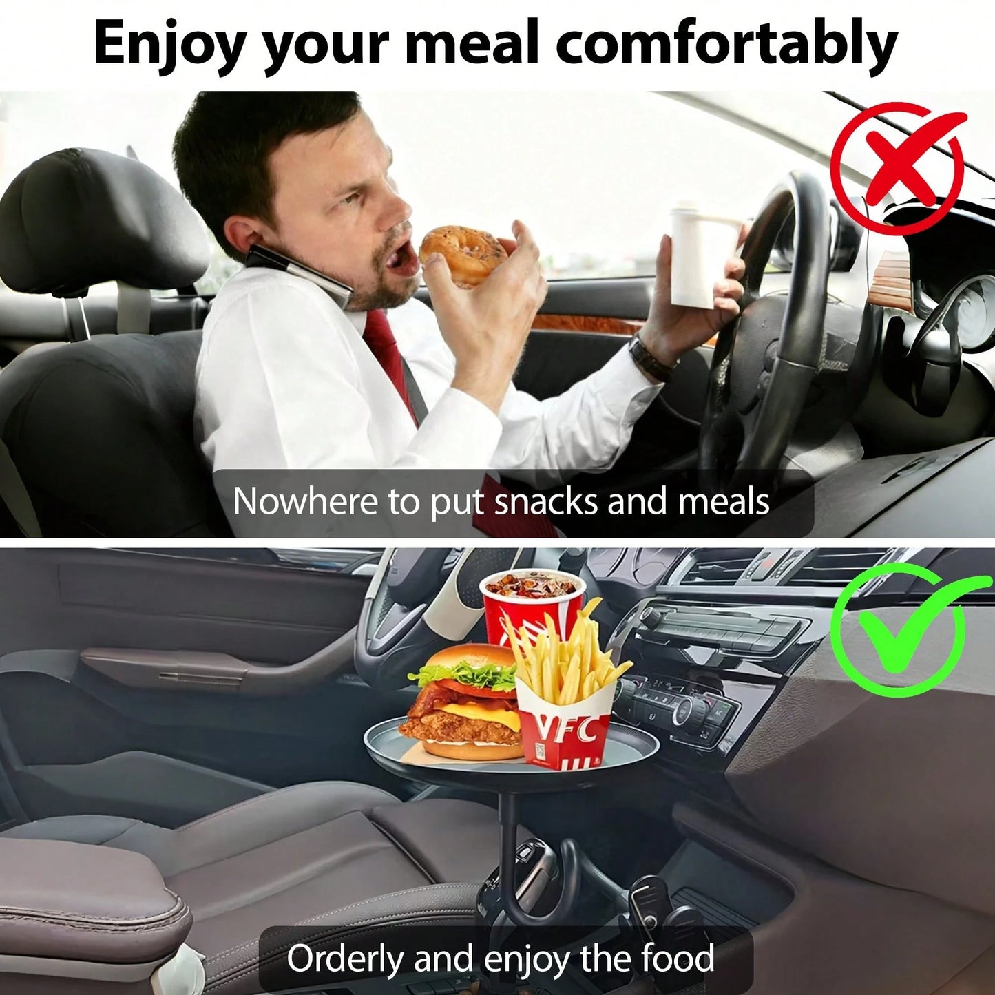 [1 Adjustable Car Tray] 1 Adjustable Car Tray| 360° Rotating Clip-On Cup Holder With Non-Slip Folding Tray, Space-Saving Design| Ideal For Meals, Drinks, And Snacks; Perfect For Road Trips, Restaura