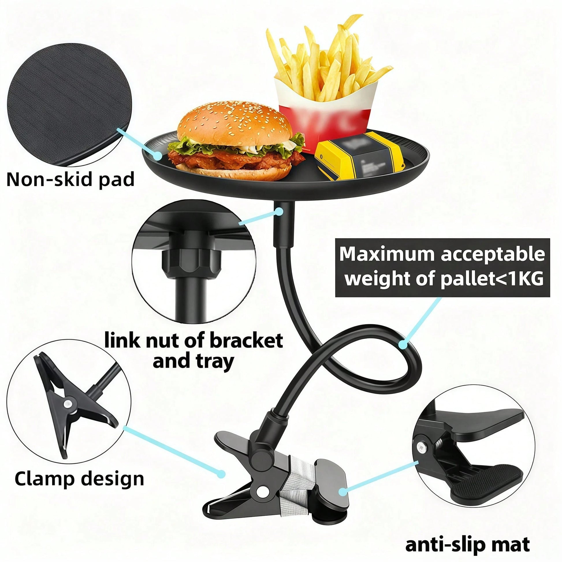 [1 Adjustable Car Tray] 1 Adjustable Car Tray| 360° Rotating Clip-On Cup Holder With Non-Slip Folding Tray, Space-Saving Design| Ideal For Meals, Drinks, And Snacks; Perfect For Road Trips, Restaura
