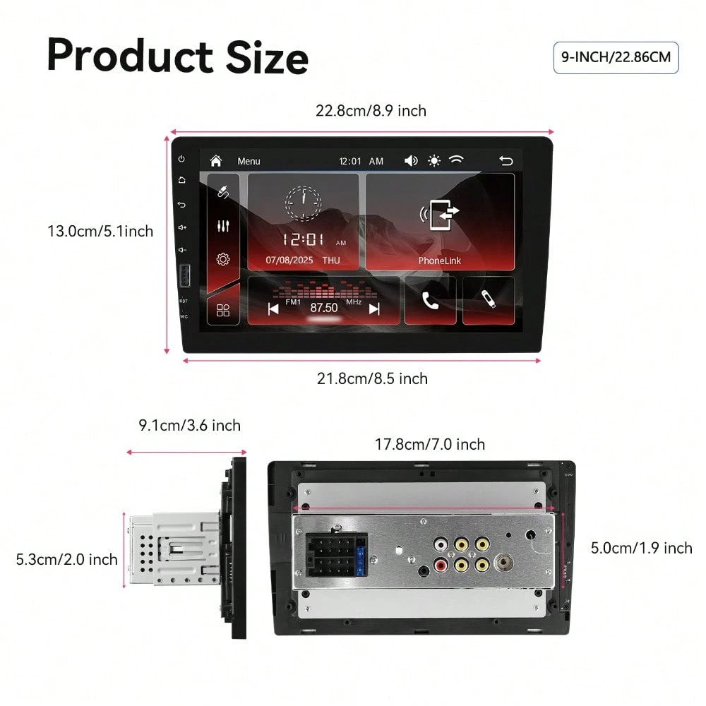 1 Din Car Stereo With A 9" IPS Touch Display| Compatible With Carplay And Android Auto| Wireless FM/AM Radio| Optional Rearview Camera And Steering Control