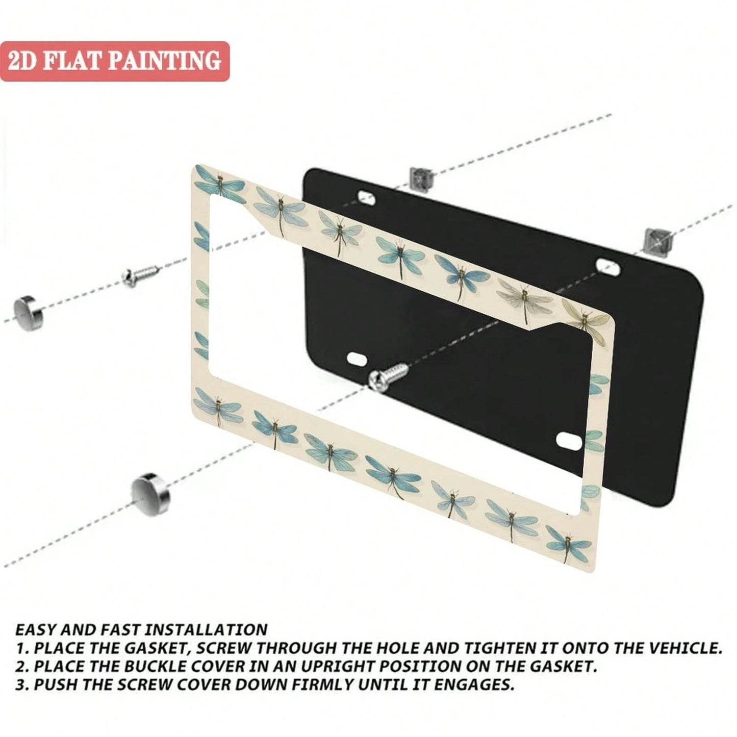 1 Dragonfly Design License Plate Frame, Unique Car License Plate Holder, Fun Front License Plate Accessory, Universal 2-Hole Screw Mounting Accessory, Size 12x6inch
