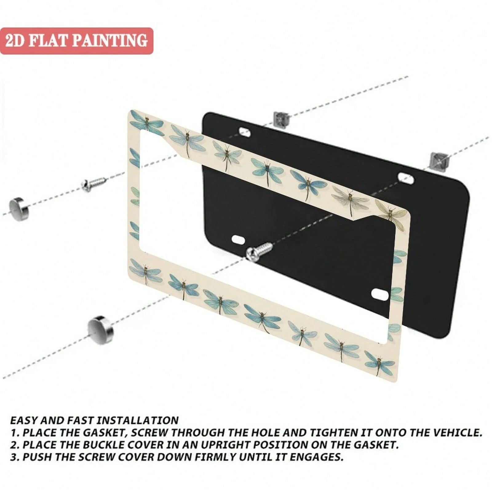 1 Dragonfly Design License Plate Frame, Unique Car License Plate Holder, Fun Front License Plate Accessory, Universal 2-Hole Screw Mounting Accessory, Size 12x6inch