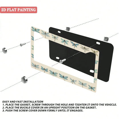 1 Dragonfly Design License Plate Frame, Unique Car License Plate Holder, Fun Front License Plate Accessory, Universal 2-Hole Screw Mounting Accessory, Size 12x6inch