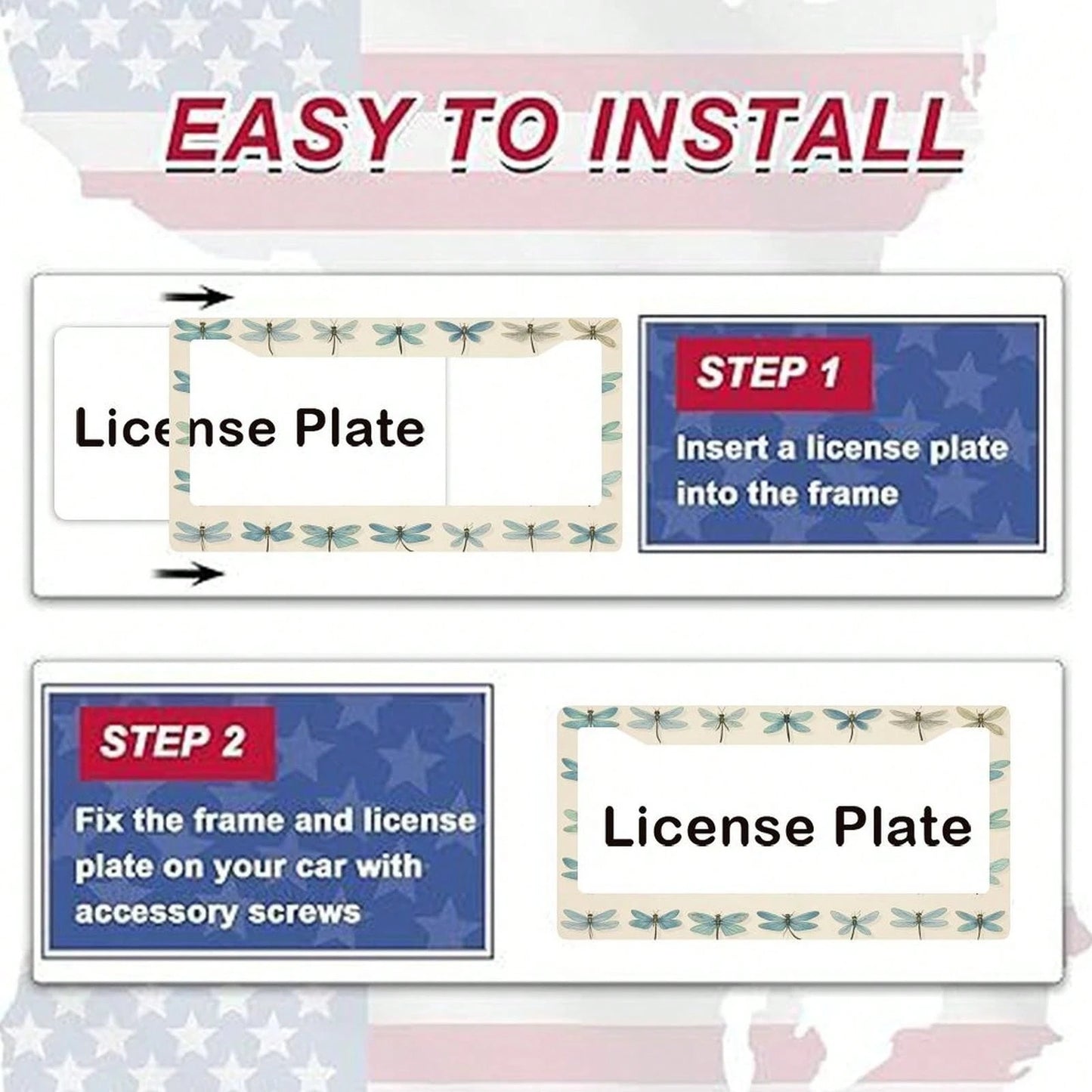1 Dragonfly Design License Plate Frame, Unique Car License Plate Holder, Fun Front License Plate Accessory, Universal 2-Hole Screw Mounting Accessory, Size 12x6inch