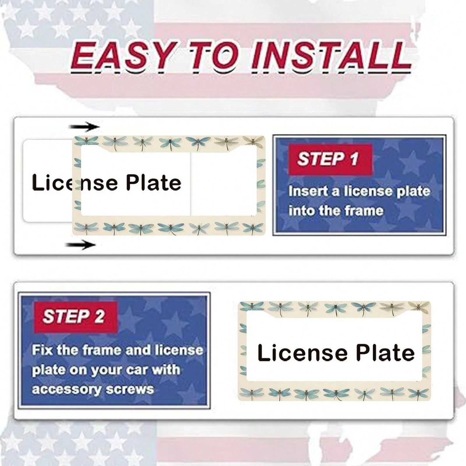 1 Dragonfly Design License Plate Frame, Unique Car License Plate Holder, Fun Front License Plate Accessory, Universal 2-Hole Screw Mounting Accessory, Size 12x6inch
