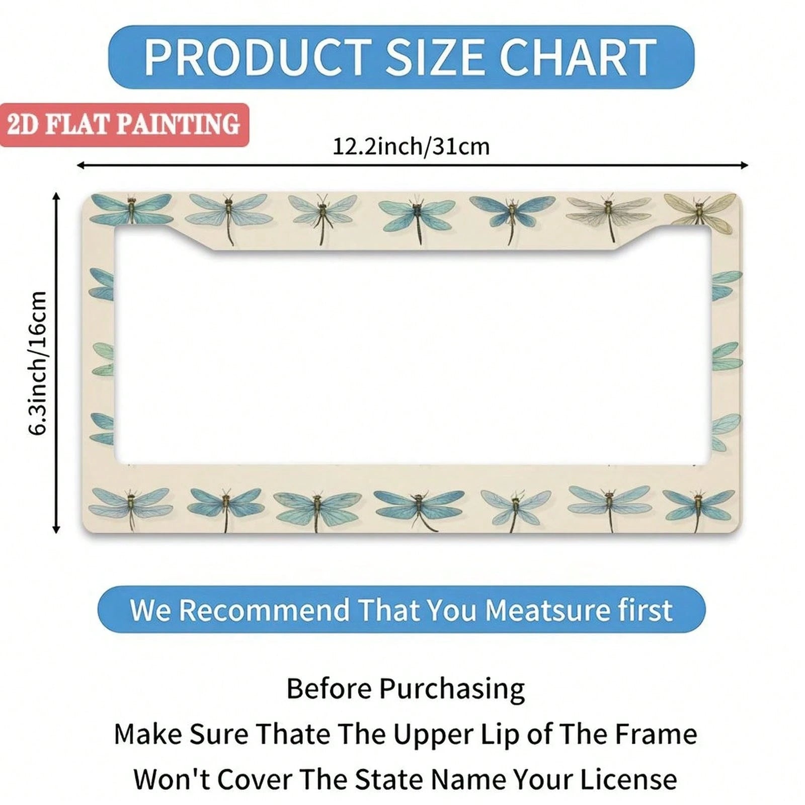 1 Dragonfly Design License Plate Frame, Unique Car License Plate Holder, Fun Front License Plate Accessory, Universal 2-Hole Screw Mounting Accessory, Size 12x6inch