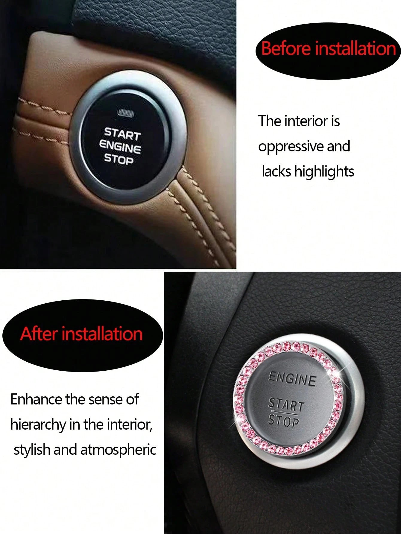 1-Key Start Decorative Ring, Switch Protective Cover, Crystal Rhinestone Car Interior Decor Sticker