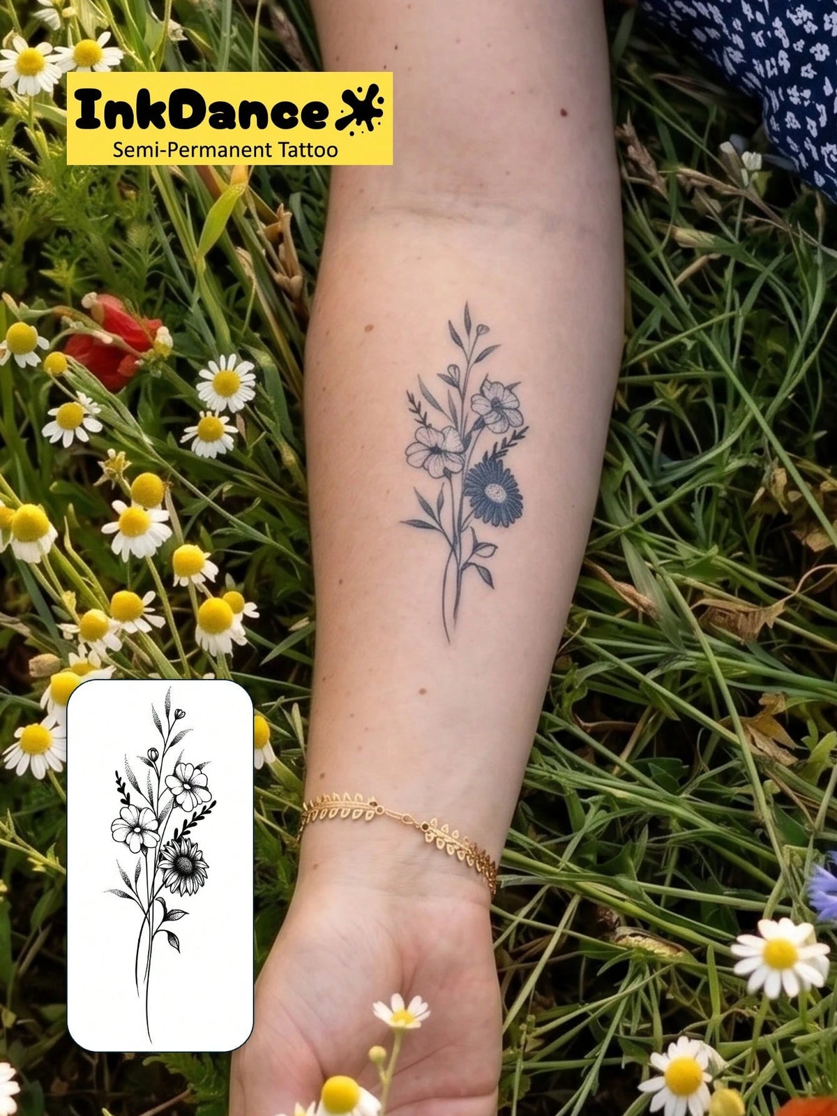 1 Kit "Wildflower Bouquet" New Technology Tattoo Sticker, Semi-Permanent, Fine-Line, Botanical, Dainty, Temporary Tattoo, Fake Tattoo, Waterproof & Long-Lasting Realistic Design, Plant-Based Formula