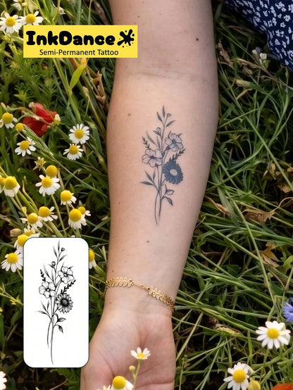1 Kit "Wildflower Bouquet" New Technology Tattoo Sticker, Semi-Permanent, Fine-Line, Botanical, Dainty, Temporary Tattoo, Fake Tattoo, Waterproof & Long-Lasting Realistic Design, Plant-Based Formula