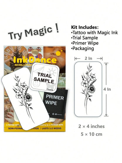 1 Kit "Wildflower Bouquet" New Technology Tattoo Sticker, Semi-Permanent, Fine-Line, Botanical, Dainty, Temporary Tattoo, Fake Tattoo, Waterproof & Long-Lasting Realistic Design, Plant-Based Formula
