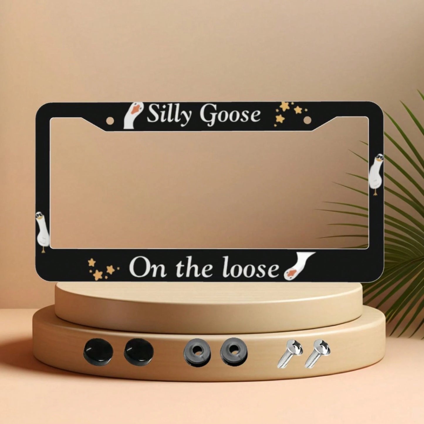 1 License Plate Frame, Black Goose Pattern Design License Plate Holder, Universal Decorative License Plate Bracket, Showcase Your Style, Fashionable Accessory, High-Quality Material, Suitable For Car