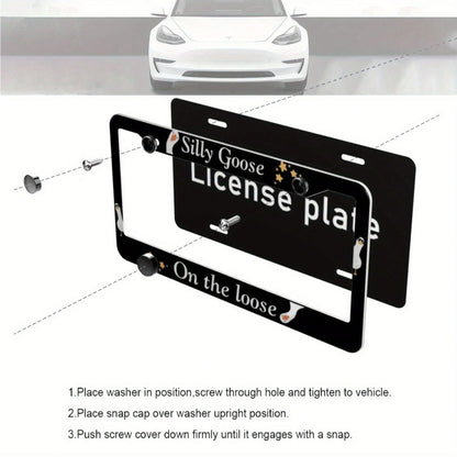 1 License Plate Frame, Black Goose Pattern Design License Plate Holder, Universal Decorative License Plate Bracket, Showcase Your Style, Fashionable Accessory, High-Quality Material, Suitable For Car