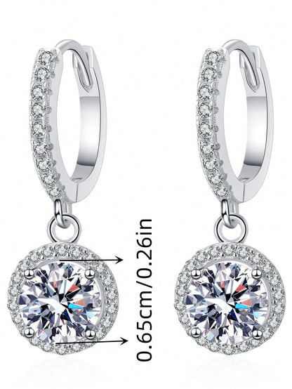 1 Pair 2 Carat D Color VVS Moissanite Earrings With GRA Certificate, Classic Fashion Luxury Elegant S925 Sterling Silver Plated White Gold Geometric Round Halo Stud Earrings, Main Stone 1 Carat Per Ea