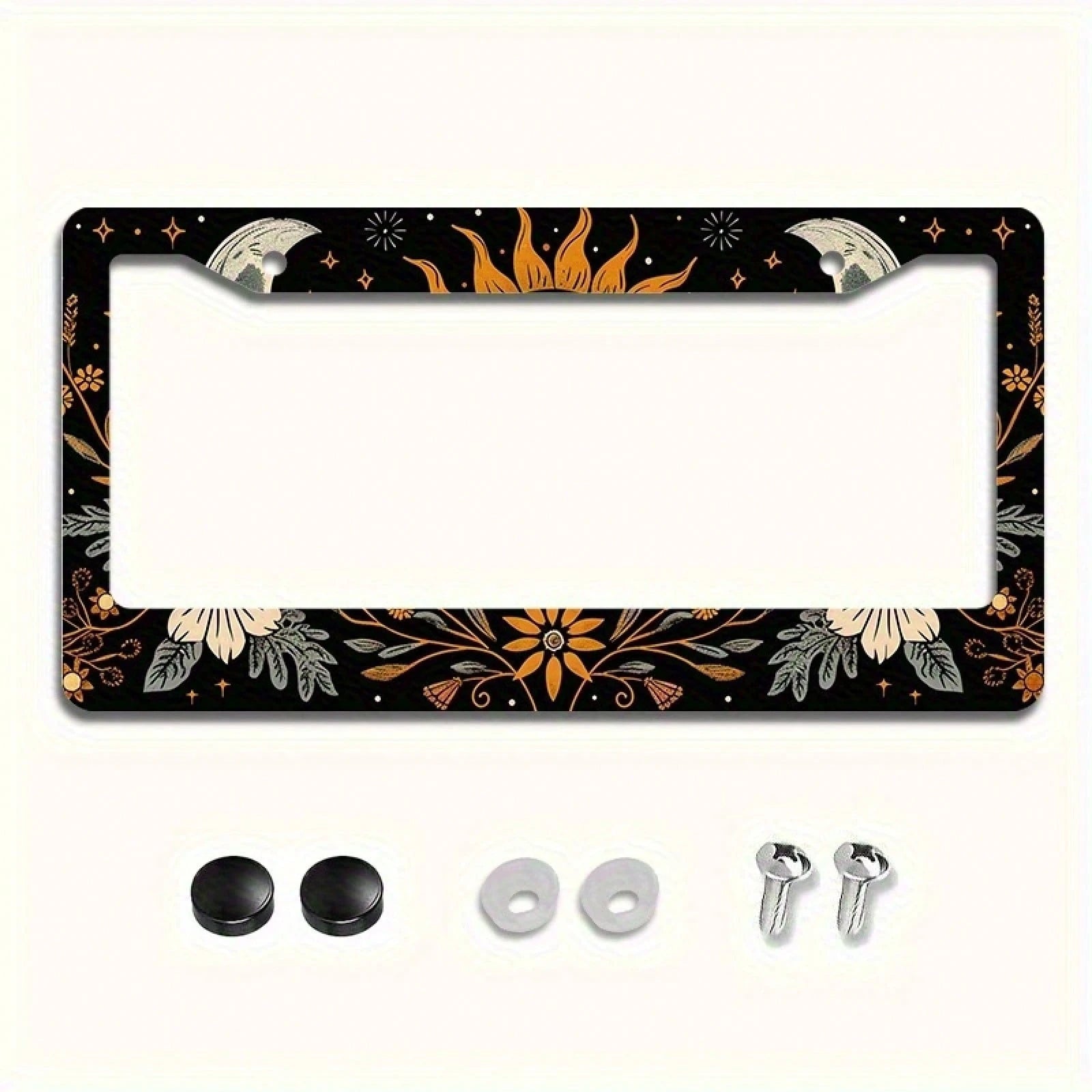 1 Piece 6.3x 12.2inch (16x 31cm ) Aluminum License Plate Frame Cover With Floral Sun And Moon Pattern, Front License Plate Frame, Car License Plate, Car Exterior Decoration