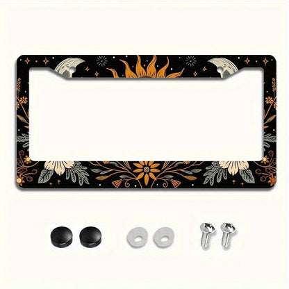 1 Piece 6.3x 12.2inch (16x 31cm ) Aluminum License Plate Frame Cover With Floral Sun And Moon Pattern, Front License Plate Frame, Car License Plate, Car Exterior Decoration