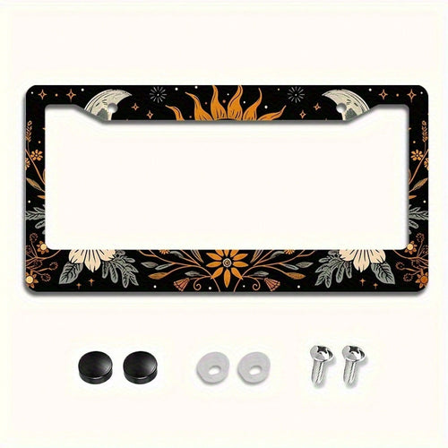 1 Piece 6.3x 12.2inch (16x 31cm ) Aluminum License Plate Frame Cover With Floral Sun And Moon Pattern, Front License Plate Frame, Car License Plate, Car Exterior Decoration