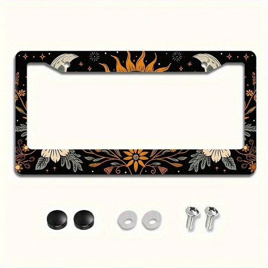 1 Piece 6.3x 12.2inch (16x 31cm ) Aluminum License Plate Frame Cover With Floral Sun And Moon Pattern, Front License Plate Frame, Car License Plate, Car Exterior Decoration