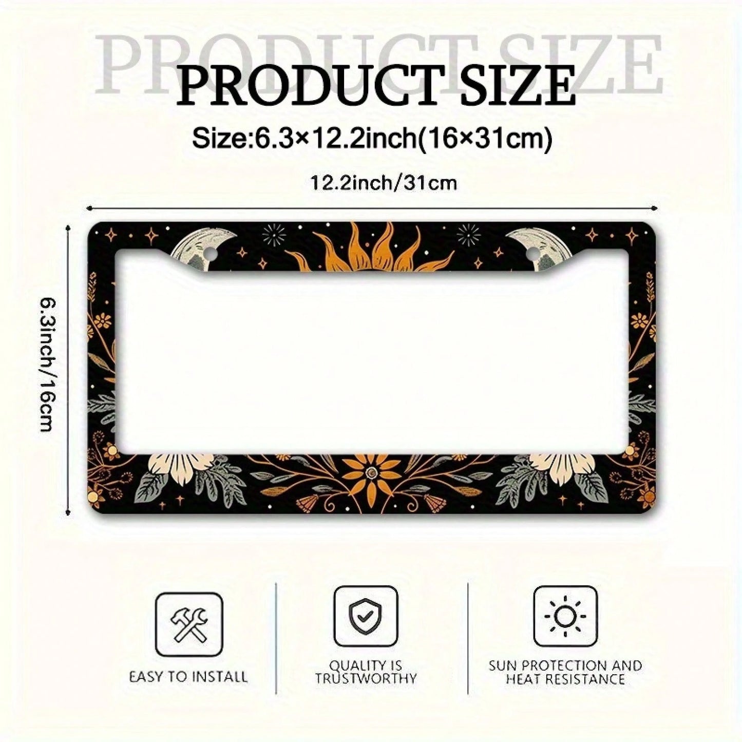 1 Piece 6.3x 12.2inch (16x 31cm ) Aluminum License Plate Frame Cover With Floral Sun And Moon Pattern, Front License Plate Frame, Car License Plate, Car Exterior Decoration