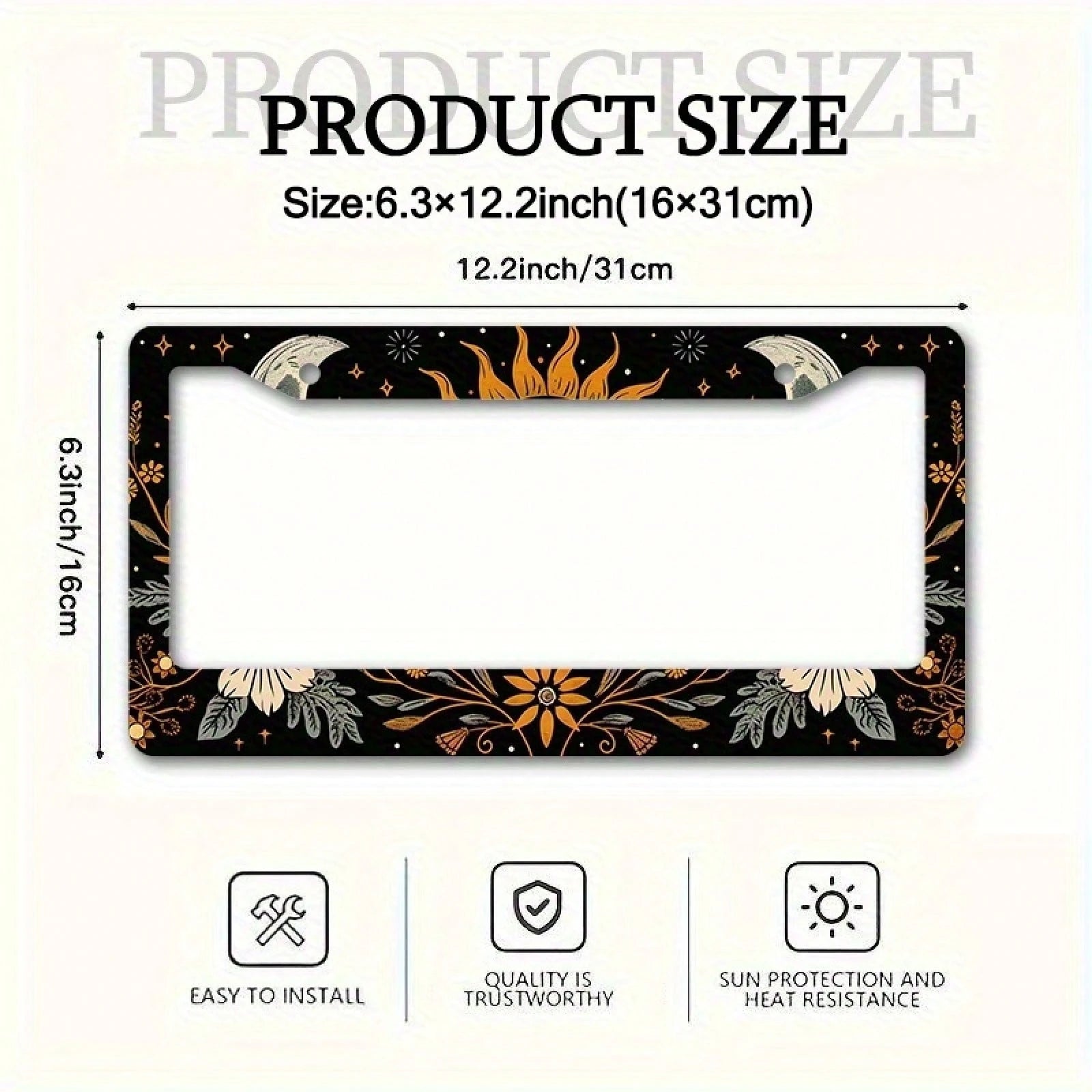 1 Piece 6.3x 12.2inch (16x 31cm ) Aluminum License Plate Frame Cover With Floral Sun And Moon Pattern, Front License Plate Frame, Car License Plate, Car Exterior Decoration