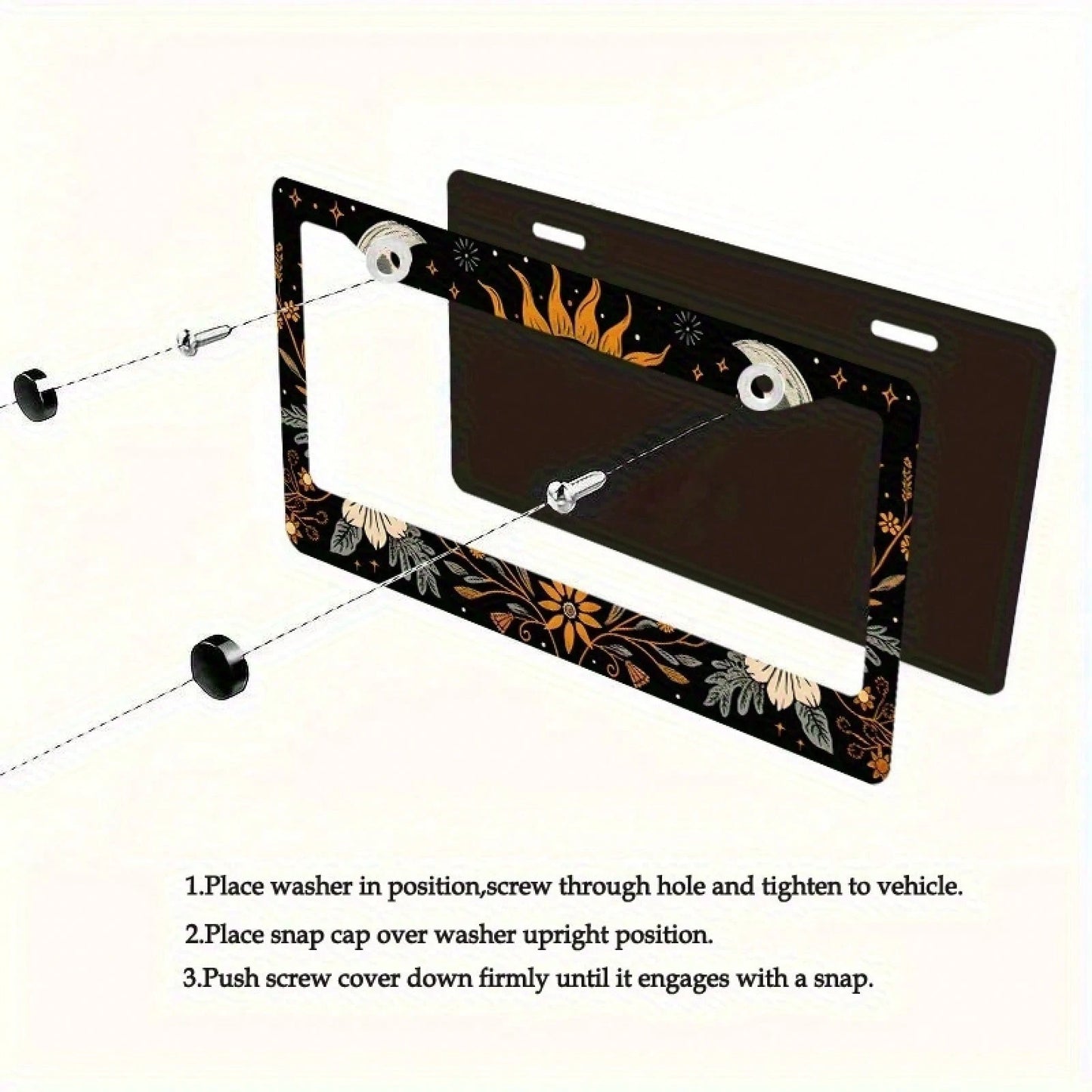 1 Piece 6.3x 12.2inch (16x 31cm ) Aluminum License Plate Frame Cover With Floral Sun And Moon Pattern, Front License Plate Frame, Car License Plate, Car Exterior Decoration