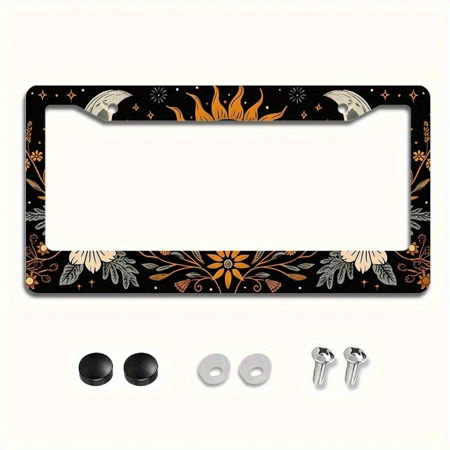 1 Piece 6.3x 12.2inch (16x 31cm ) Aluminum License Plate Frame Cover With Floral Sun And Moon Pattern, Front License Plate Frame, Car License Plate, Car Exterior Decoration