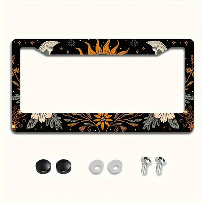 1 Piece 6.3x 12.2inch (16x 31cm ) Aluminum License Plate Frame Cover With Floral Sun And Moon Pattern, Front License Plate Frame, Car License Plate, Car Exterior Decoration
