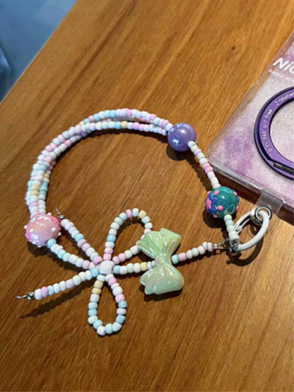 1 Piece Cute Bow Flower Y2K Beaded Mobile Phone Hanger String Simple Short Mobile Phone Headband Earrings Camera Chain Pendant Accessories Gift For Mother, Family, Friends Birthday, Festival Mobile Ph