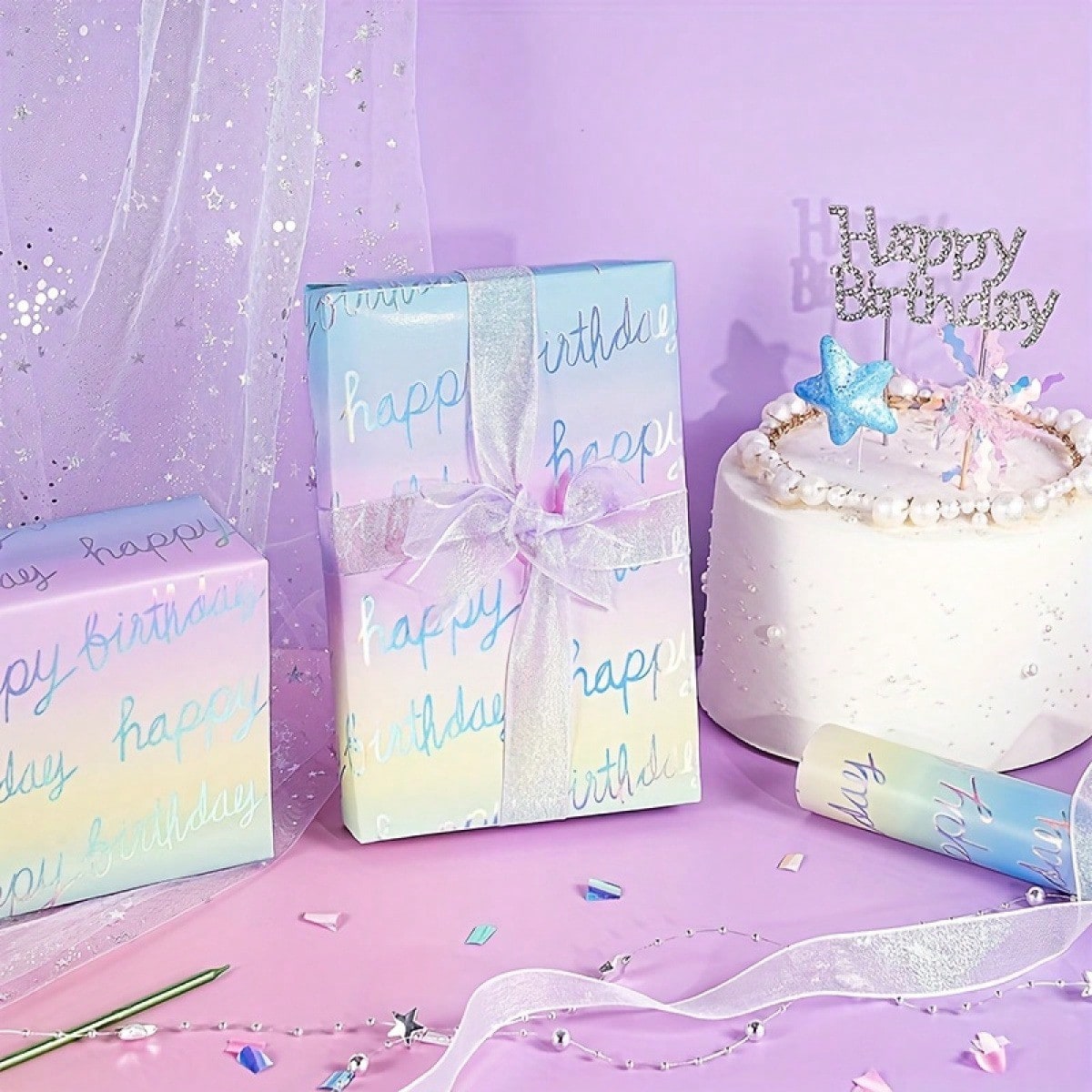 1 Roll Of Shiny Gradient Color Gift Wrapping Paper,With Shimmering Sequins,Suitable For Baby Shower Party,Gender Revealed,Children' Birthday Party