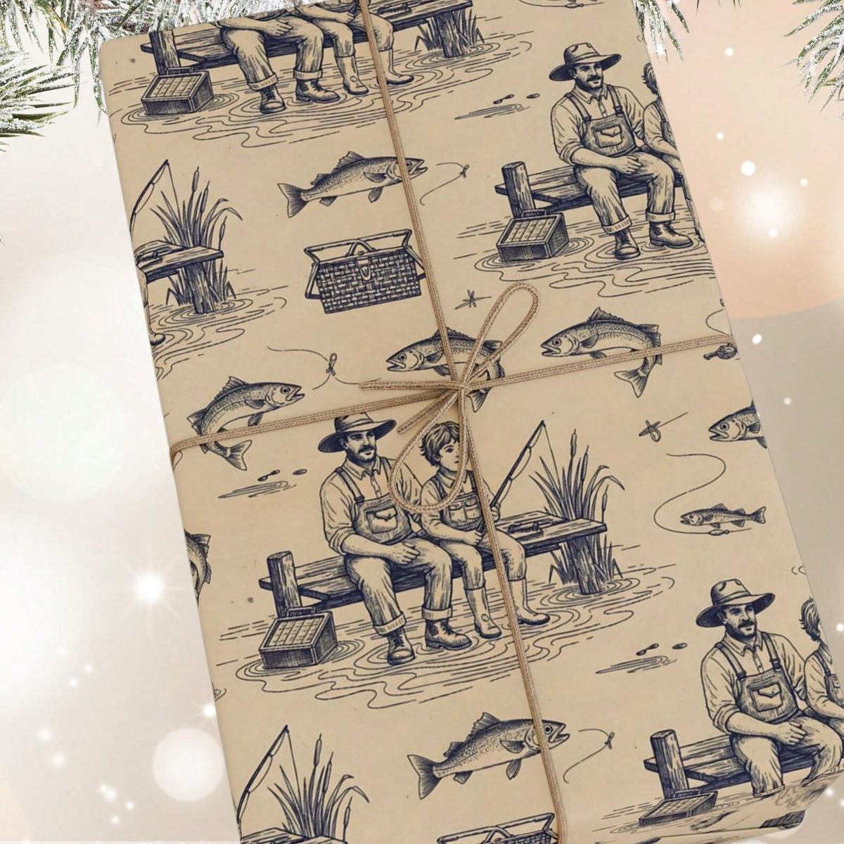 1 Roll Vintage Fishing Wrapping Paper, Father & Son, Outdoorsman Gift Wrap R For Wedding, Birthday, Baby Shower, Holiday Gifts & DIY Crafts-58 X22 Inches